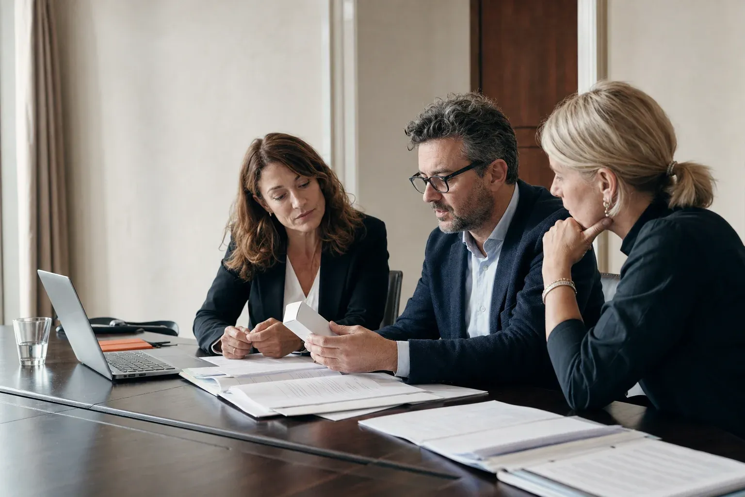 Three specialists reviewing launch documentation and a product pack around a meeting table