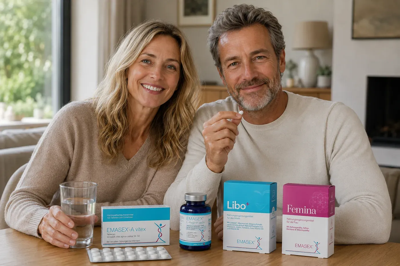 A couple at home with the EMASEX range — A vitex, L-Arginin aktiv, Libo+ and Femina