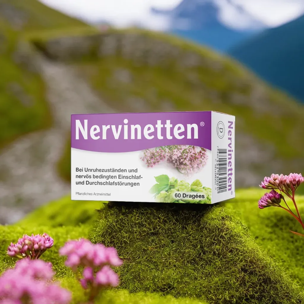 Nervinetten® pack photographed on moss below an Alpine slope