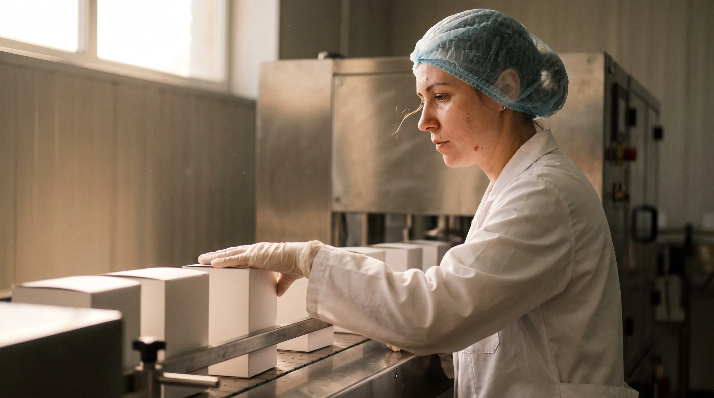 An operator in coat and hairnet at a pharmaceutical packaging line