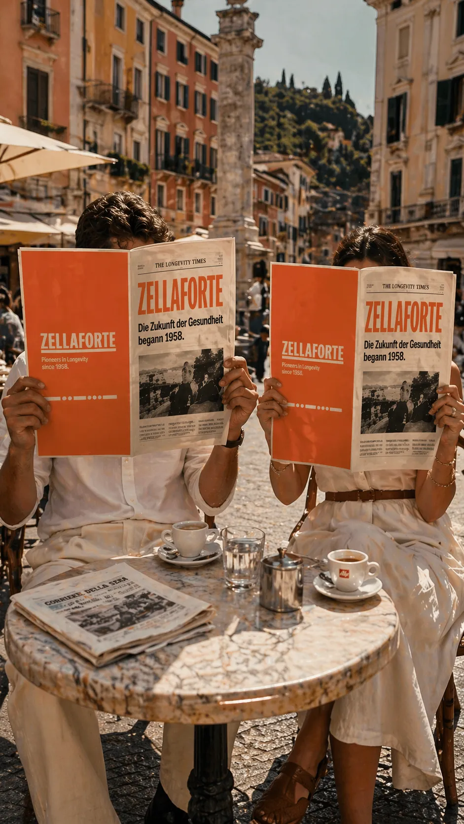 A Zellaforte® campaign image: two people at a café reading a branded newspaper headlined “Die Zukunft der Gesundheit begann 1958”